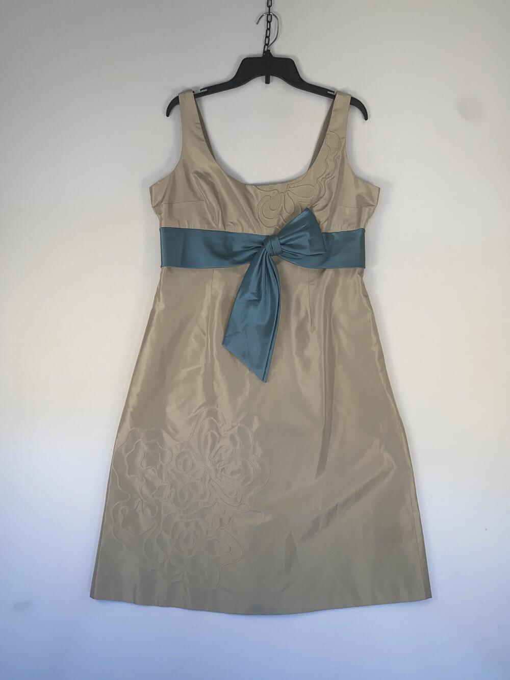 Kay Unger Dress Womens 14 Beige Silk Floral Sleeveless Bow Belted Knee Length
